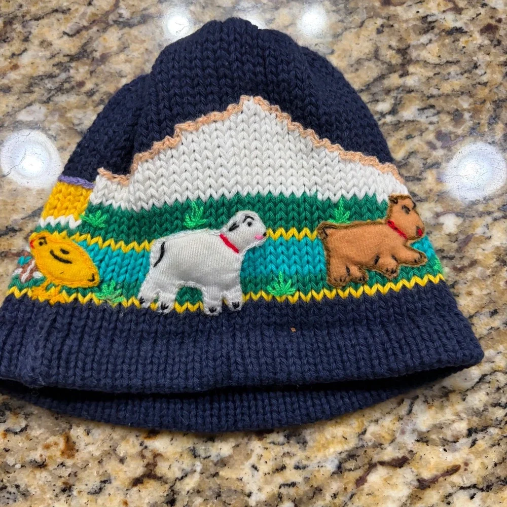 Vintage Hand Knit Farm Animal Beanie Navy Blue Dog Pig Sheep Chick Kids Hat